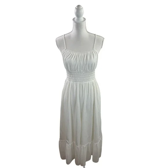 Grace Karin Maxi Sundress Spaghetti Strap White Smocked Pockets lined Size M - Picture 2 of 14